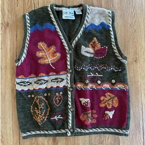 VTG Croft & Barrow Hand Embroidered Fall Patter Sweater Vest Size Large
